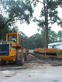 tractor compacting soil around trees