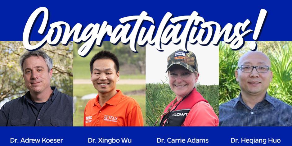 UF/IFAS Environmental Horticulture investigators, whose proposals were selected for funding from the Florida Nursery, Growers and Landscape Association (FNGLA) Endowed Research Fund. L-R Andrew Koeser, Xingbo Wu, Carrie Adams, Hepiang Huo