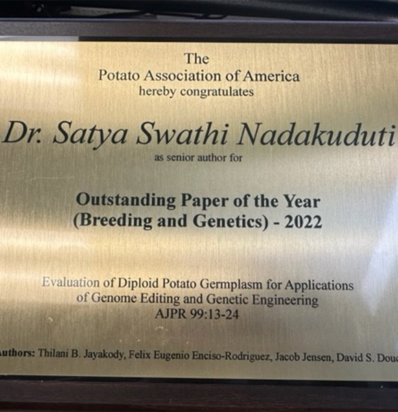 Dr. Nadakuduti and team, Douches lab at Michigan State University were awarded Outstanding Paper of the Year 2022 by the American Journal of Potato Research. The award was presented at The Potato Association of America annual meeting in 2023, Charlottetown, Prince Edward Island, Canada