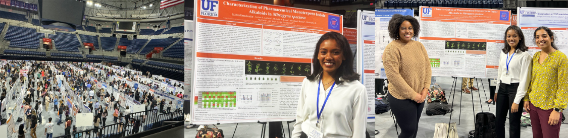 Images left to right: 25th Annual Spring Undergraduate Research Symposium at Stephen C. O’ Connell Center, Pavithra Ramachandria, undergraduate researcher in Nadakuduti lab, Larrisa LaForest, Pavithra Ramachandria, Dr. Swathi Nadakuduti