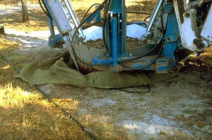 spade carefully lowered into basket in the ground